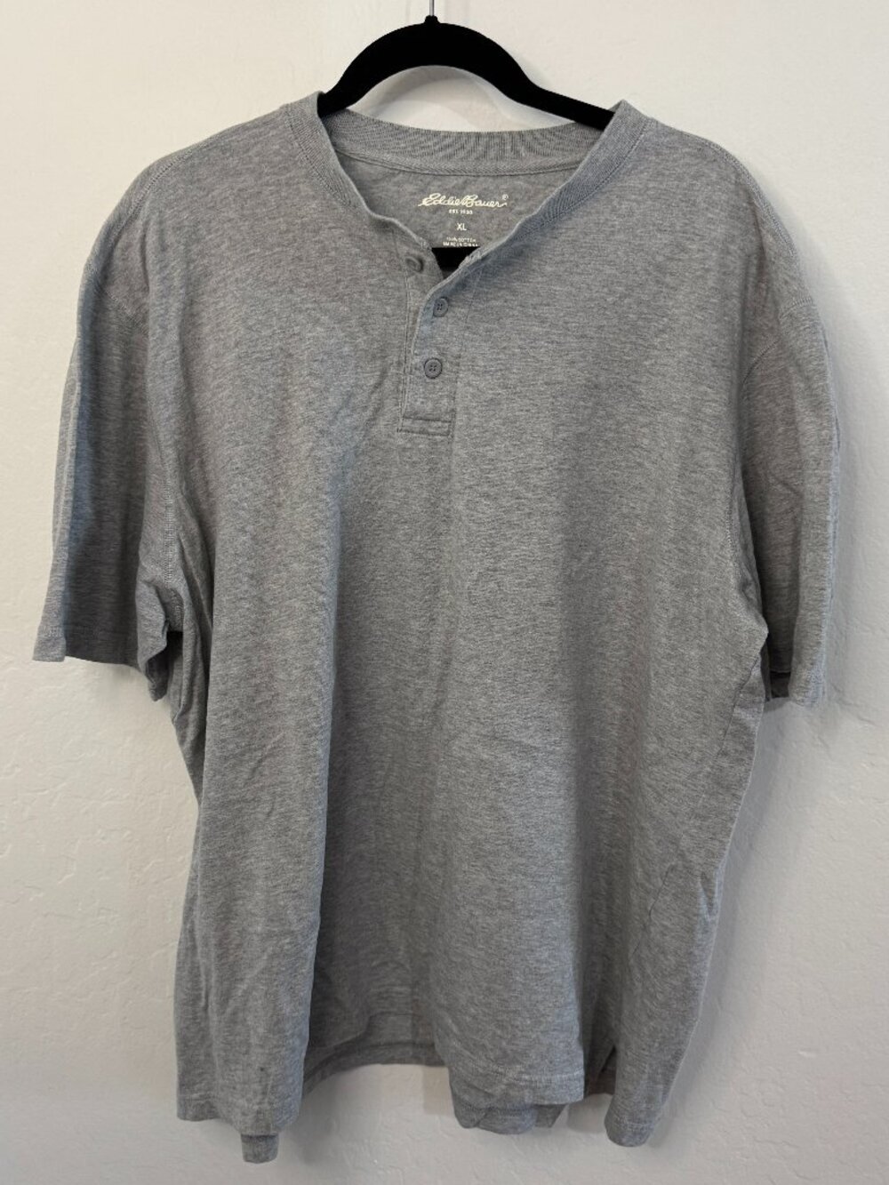 Eddie Bauer Gray Heather Short Sleeve Cotton Henley Tee | Size XL